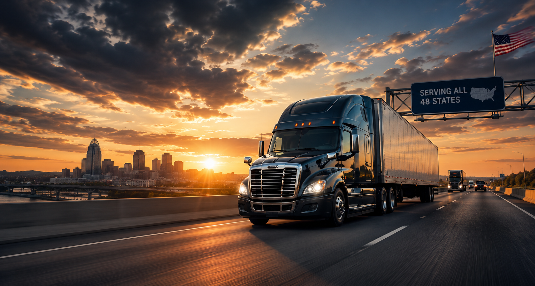 Semi truck on American interstate at sunset